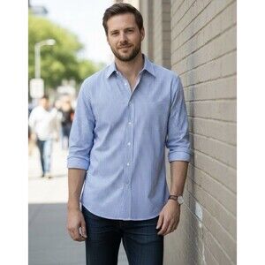 Enro Men’s 18 34/35 Dress Shirt Blue White Stripe Non-Iron 100% Cotton